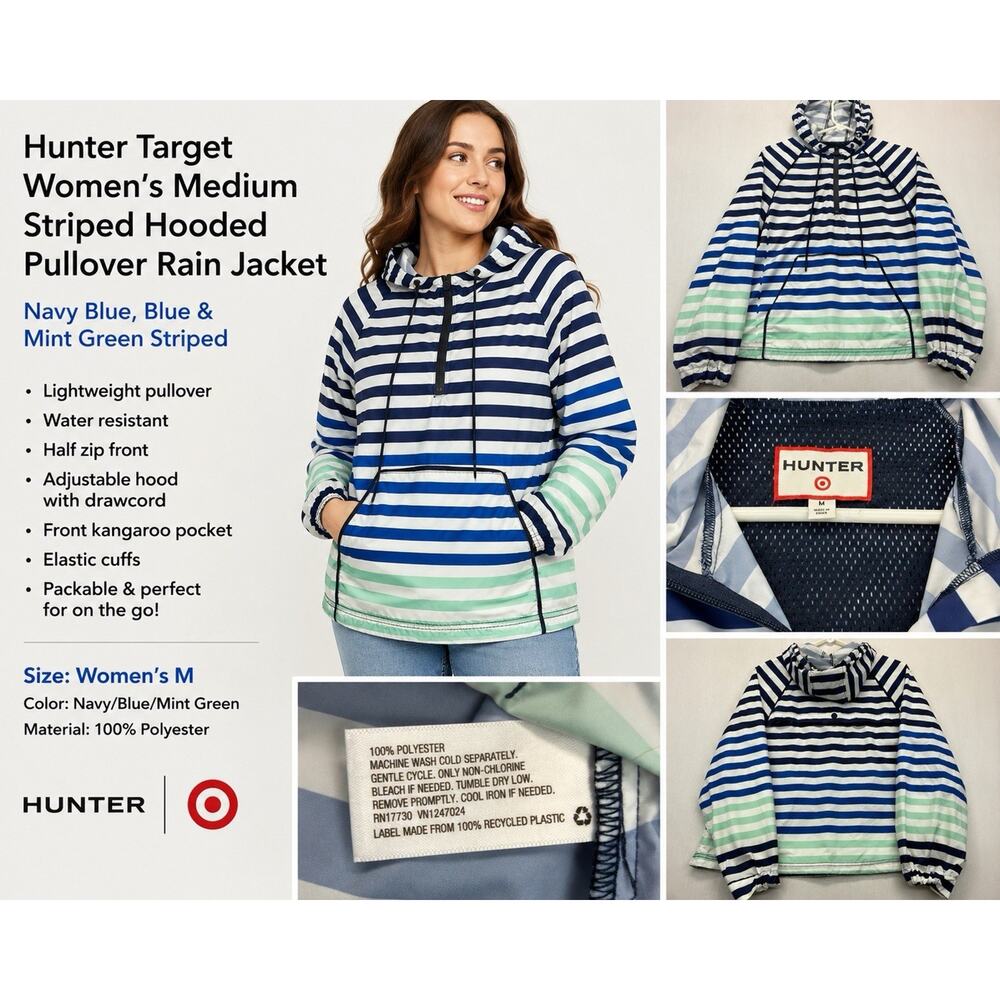 Hunter Target Jacket Women’s Medium Blue Striped Hooded Pullover Rain